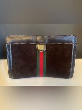 Gucci Brown Suede Clutch Red Green Webbing Cosmetic Toiletry Vtg MINT Authentic
